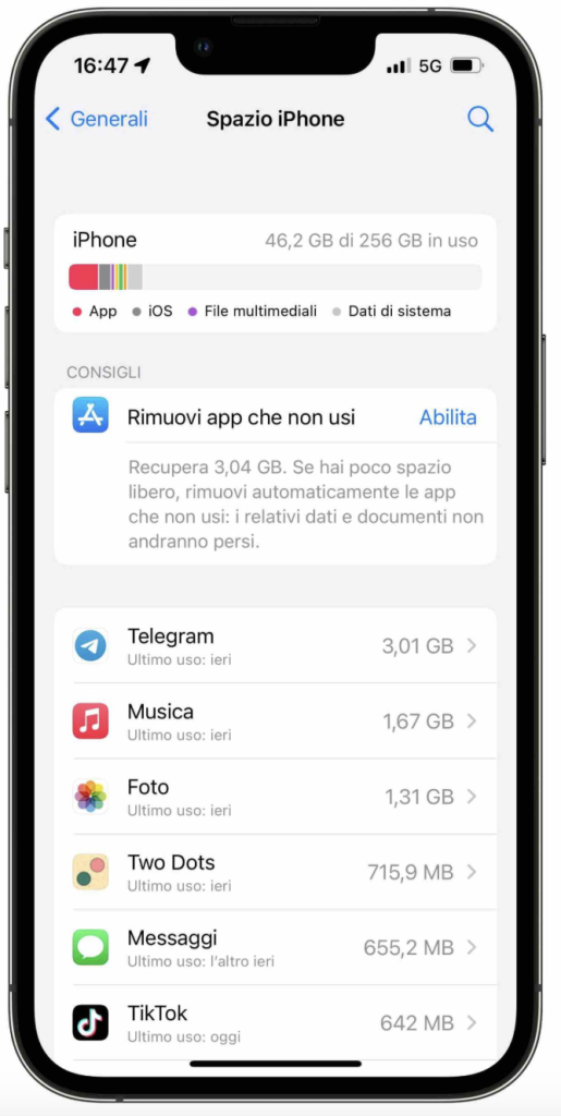 Impostazioni > Generali > Spazio